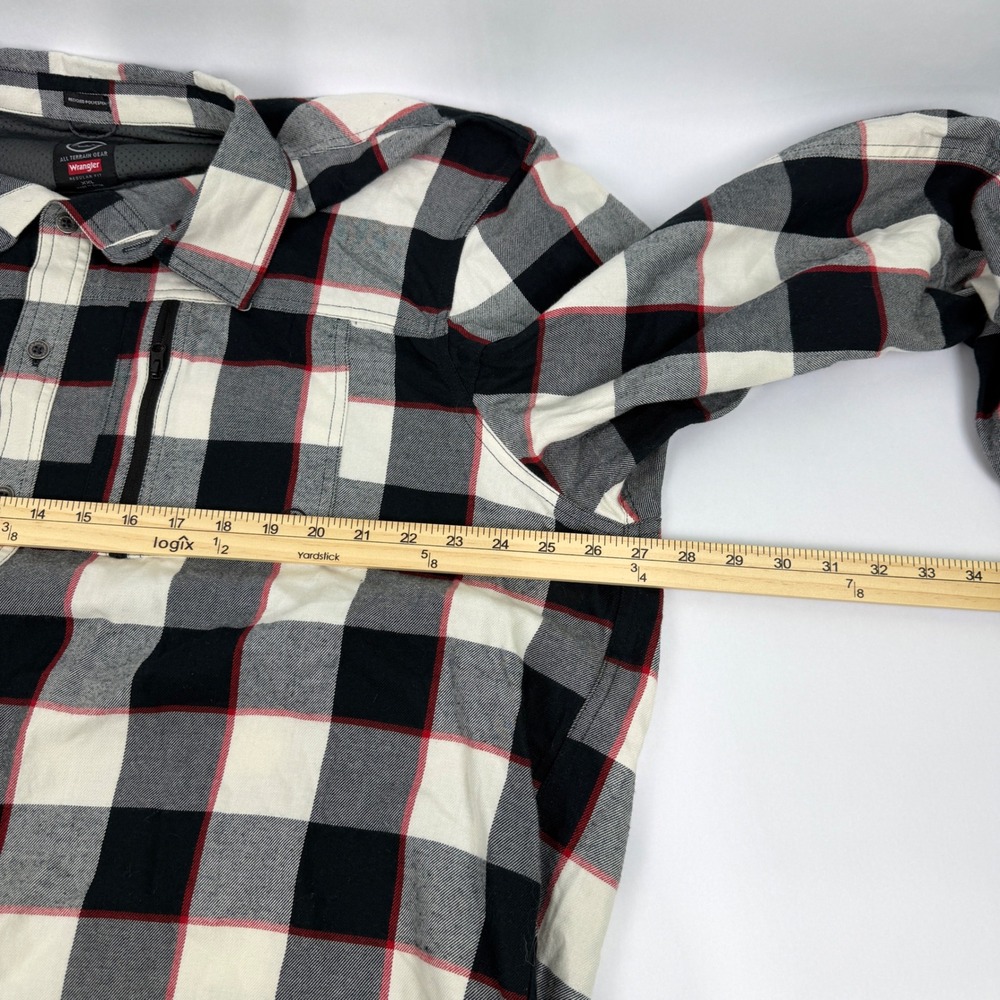 Wrangler ATG Mens XXL Plaid Flannel Shirt All Terrain Gear Elbow Patch Black Red - Picture 12 of 14